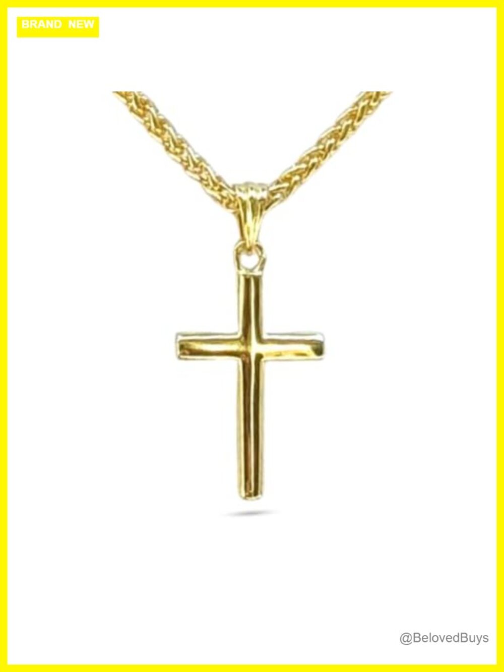 14K Solid Gold Small Cross Pendant Necklace 20" Wheat Chain